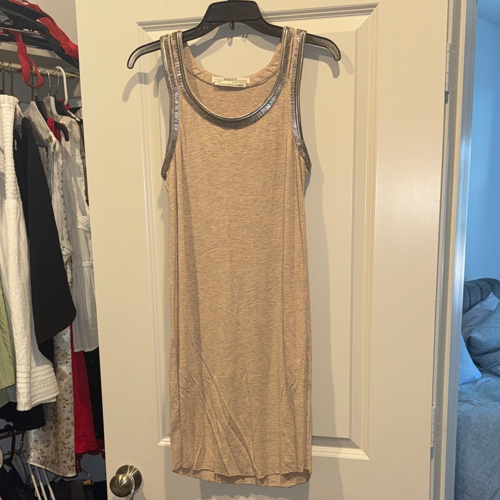 All Saints Tan Cotton Dress with Embellished Details